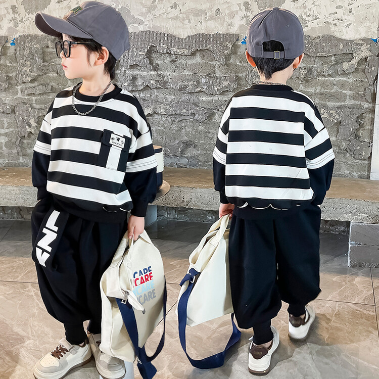 Suéteres de rayas para niños, botas, pantalones, ropa de primavera y otoño, nuevo conjunto de dos piezas moderno y moderno para niños,_voghion.com