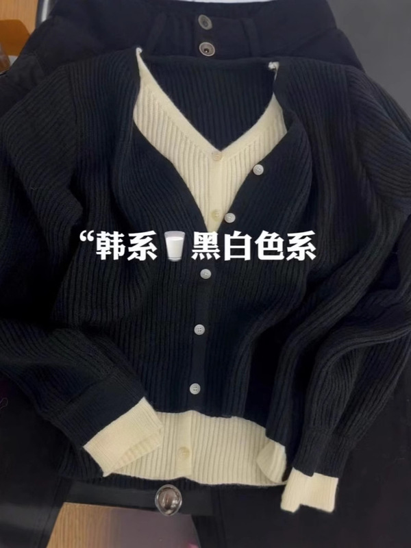 高品质！韩系穿搭chic别致假两件早秋撞色针织衫修身显瘦上衣|undefined