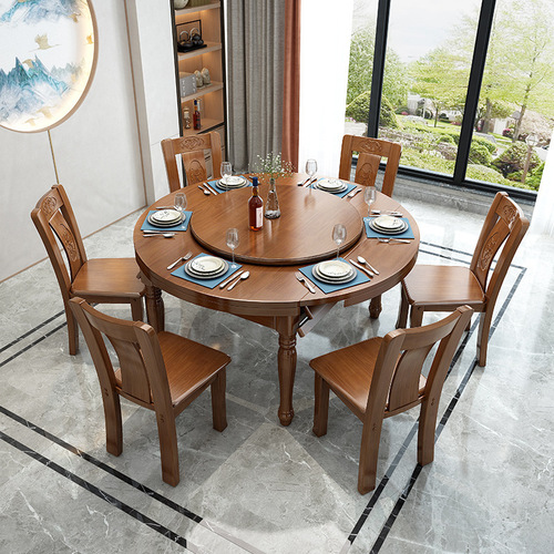 All solid wood round dining table Chinese style furniture platform retractable folding dining chair combination small apartment canteen restaurant dining table