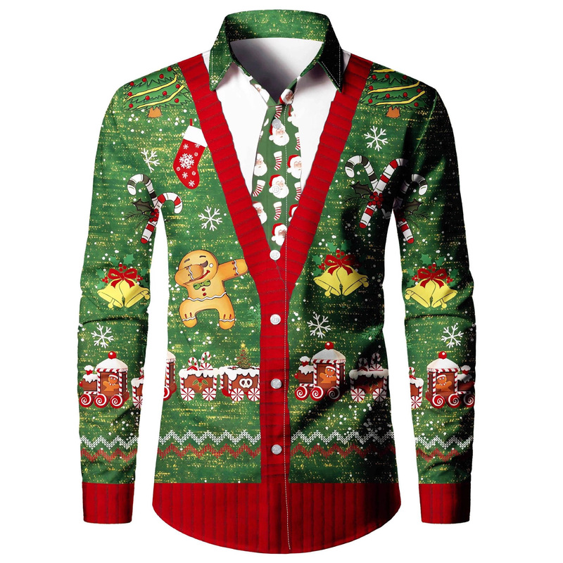 Printed Men's Imitation Fashion Long Sleeve Shirt Christmas Theme Men's Shirt Suit Pattern 3D Christmas Tuxedo