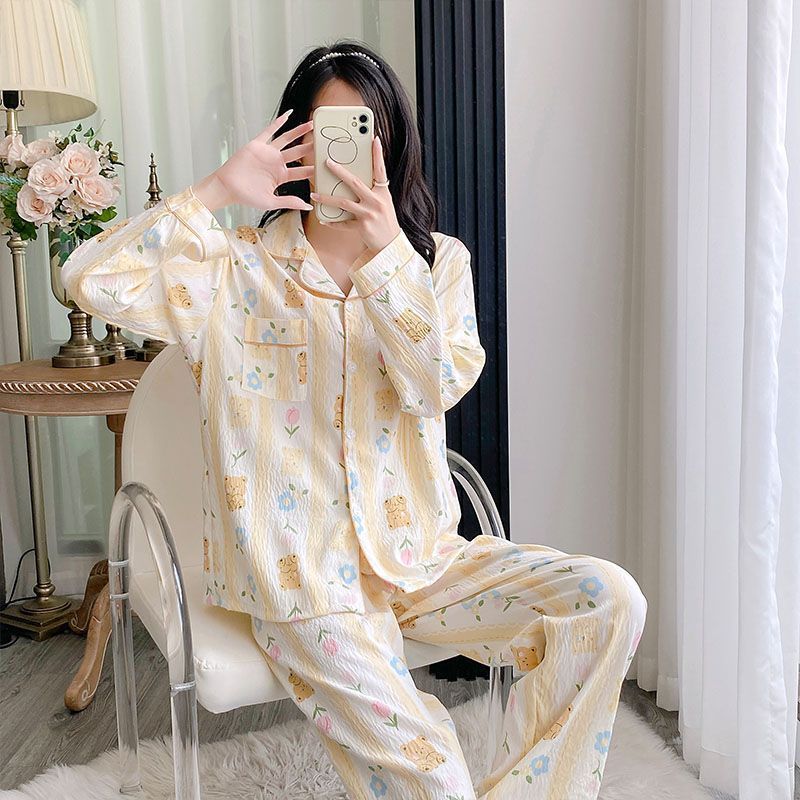 Al por mayor transfronterizo otoño nuevo pijama de algodón nublado, cardigan de manga larga, pantalones largos de dos piezas, ropa para el hogar se puede usar fuera