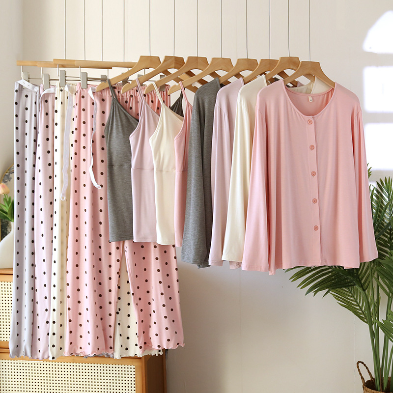 With chest pad modal confinement clothing spring and summer postpartum nursing pregnant women pajamas spring and autumn nursing clothing pregnancy three-piece set