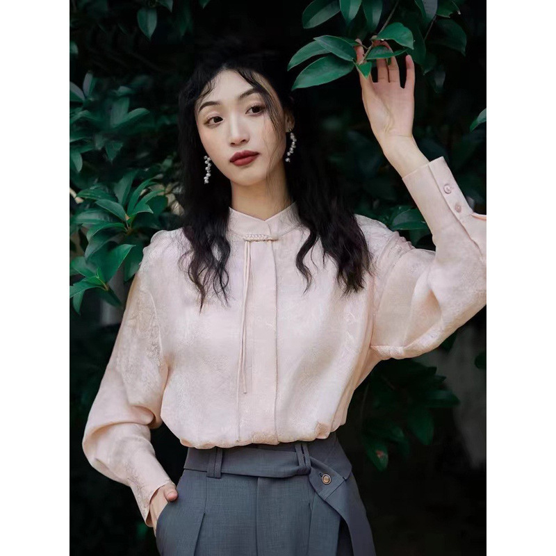 "Shining" Silk Mulberry Silk Shirt with Buckle Characteristic Collar Vertical Collar Silk Women's Long Sleeve Top S4206