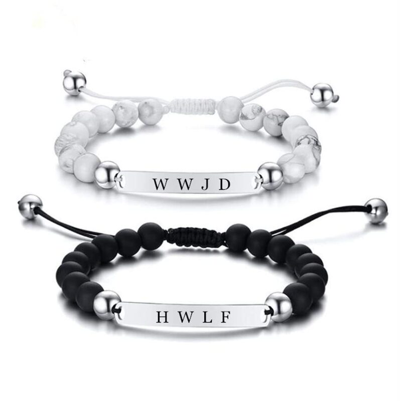 Cross-Border Simple Stainless Steel Wwjd Nameplate Natural Stone Beaded Couple Bracelet Valentine's Day Bracelet Easter Gift