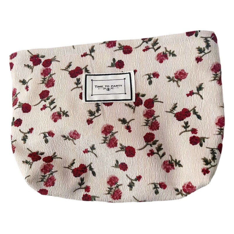 Corduroy Cosmetic Bag Contrast Color Flower Texture Niche Storage Bag Retro Fashion Zipper Portable Wash Bag