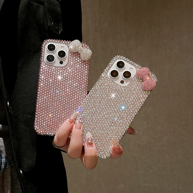 Cartoon Pink Rhinestone Bow Phone16Pro Suitable for 12/11 Apple 15/17Promax Mobile Phone Case Cover