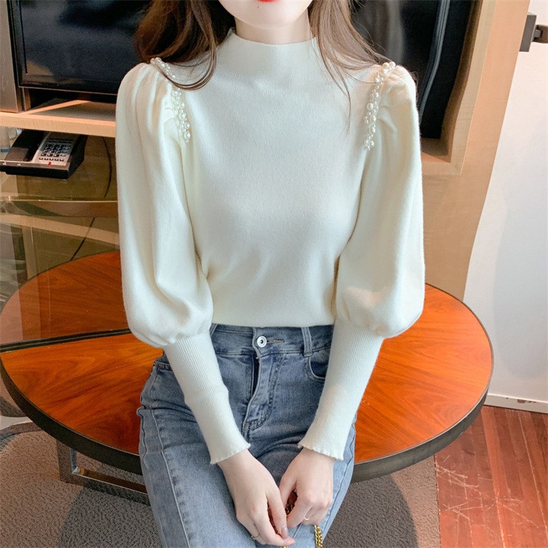 Autumn and winter New half turtleneck beaded design knitted bottoming shirt puff sleeve fashionable all-match slim top