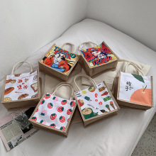 网红夏季可爱卡通单肩挎包学生饭盒便当包日系少女ins手提帆布袋