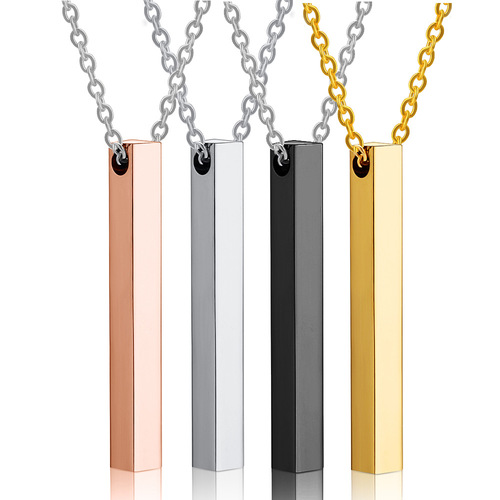 Personalized simple and fashionable lettering pendant long necklace Stainless steel cylinder rectangular laserable Logo necklace