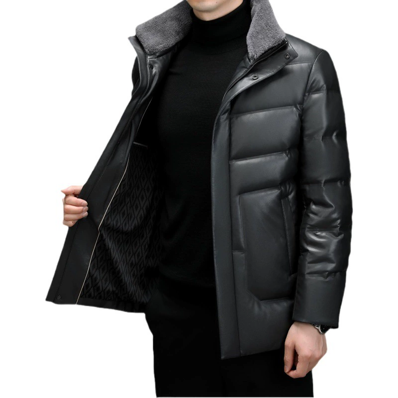 Кожаный пуховик для мужчин среднего и пожилого возраста Haining, кожаное пальто с удлиненным меховым воротником, куртка для папы из овчины