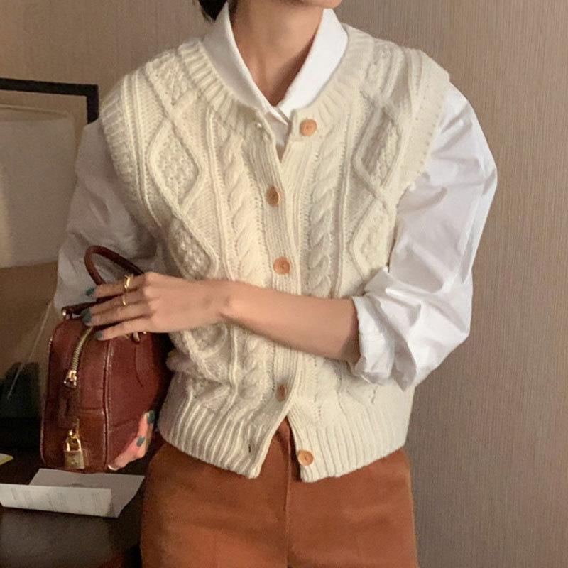 韓国の年齢を軽減するレトロなツイストニットベストカーディガン女性の秋の気質ニッチレイヤードアウターベストベスト|undefined
