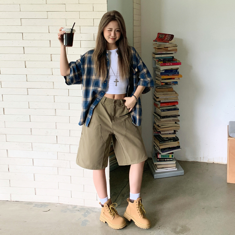 Khaki Workwear-Style Denim Shorts for Women, Summer New High-Waisted Slimming Loose Wide-Leg American Style Hot Girl Mid-Length Pants