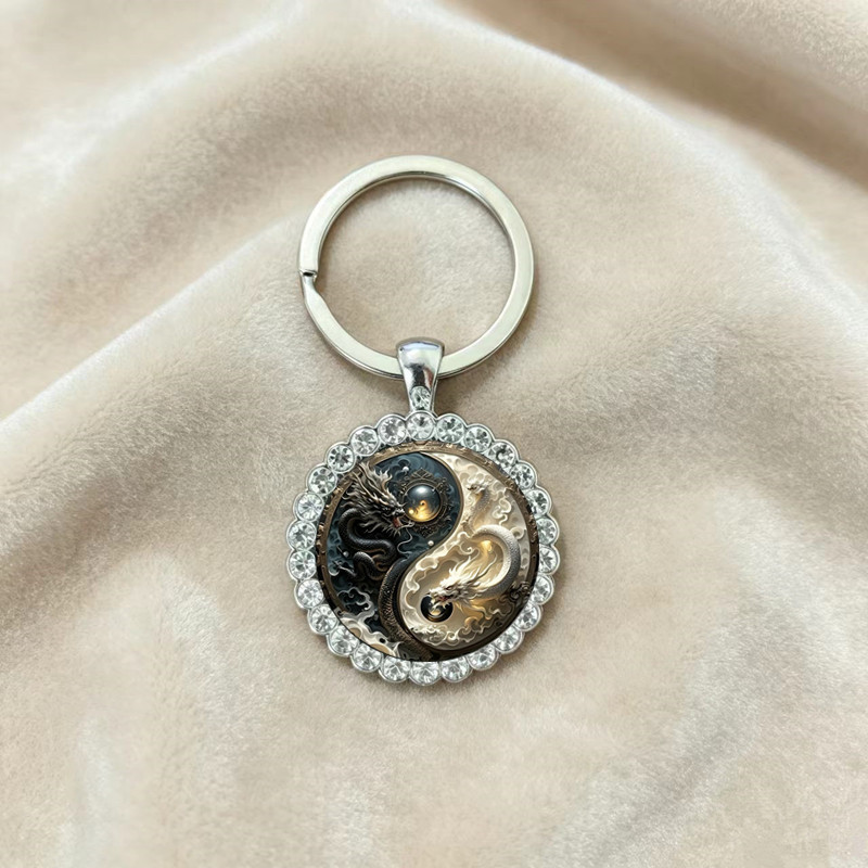 Chinese-style Yin-Yang Double Dragon Tai Chi Keychain Necklace, available in multiple sizes, time gemstone pendant accessory gift