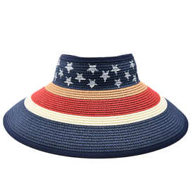 跨境草帽女士空顶帽美国国旗草编遮阳帽印花可卷折叠太阳外贸帽子