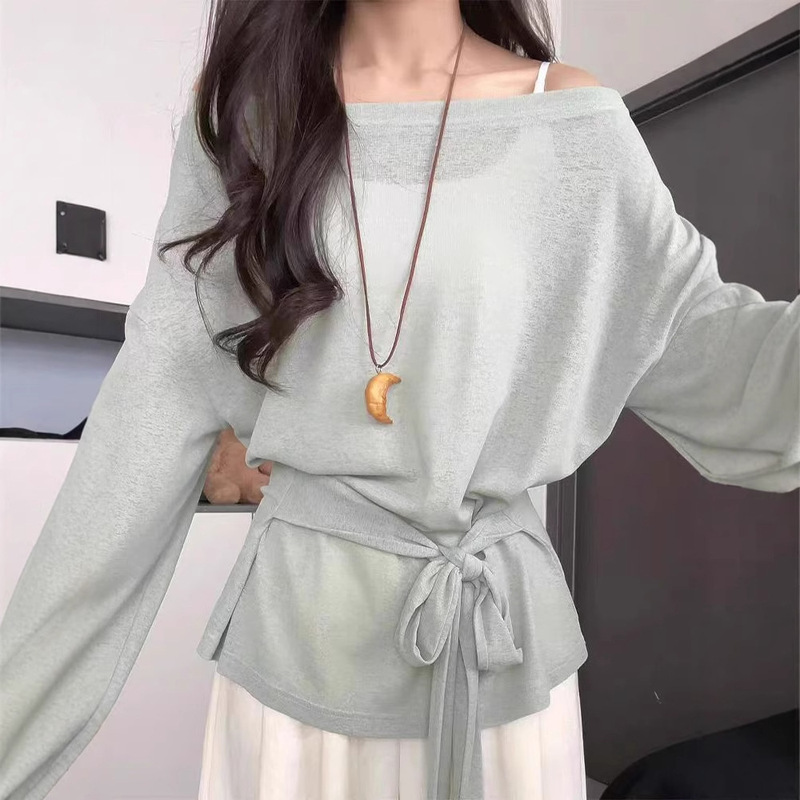 Internet Celebrity Fairy Style Long-Sleeved Sun Protection Knitted Blouse for Women 2025 New High-End Slightly See-Through Strappy Off-Shoulder Top for Women Internet Celebrity Fairy Style Long-Sleeved Sun Protection Knitted Blouse for Women 2025 New High-End Slightly See-Through Strappy Off-Shoulder Top for Women