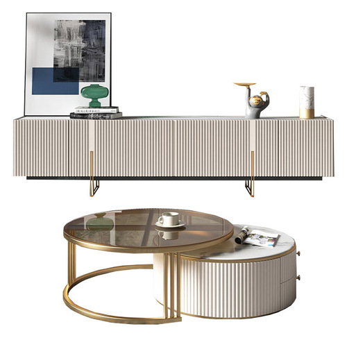 Light Luxury Coffee Table & TV Cabinet Combo: Stainless Steel, Solid Surface, Round Design for Living Room