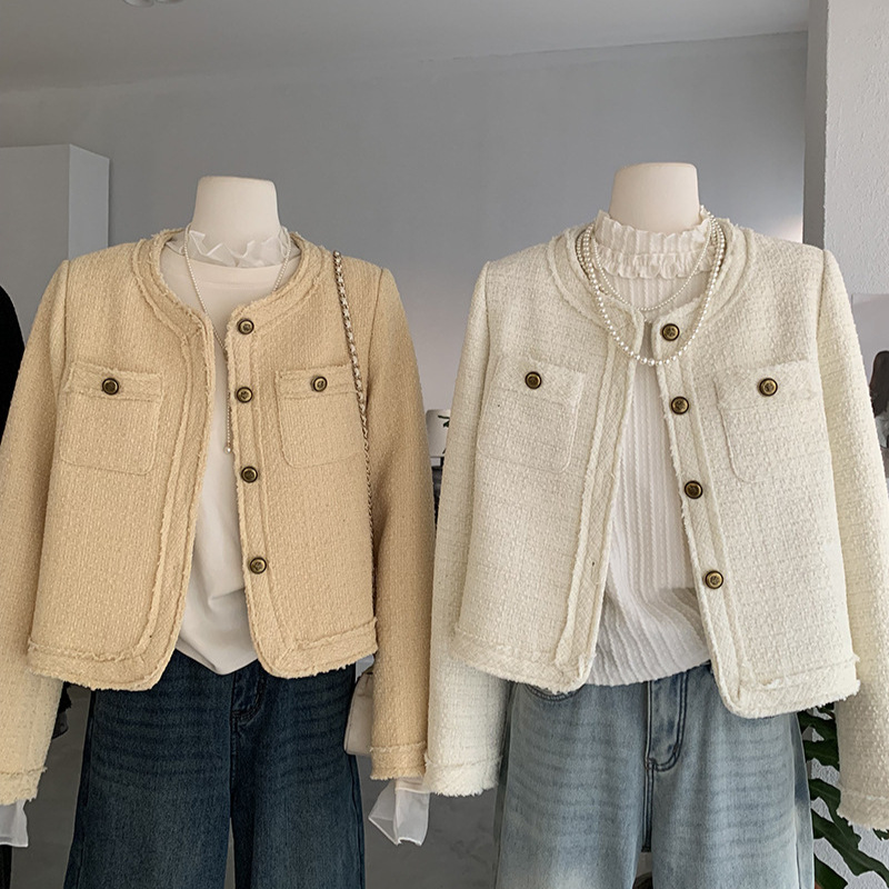 Omalai Celebrity Little Fragrance Style Autumn and Winter Round Neck Single-Breasted Long Sleeve Padded Jacket Tweed Top Women 5717