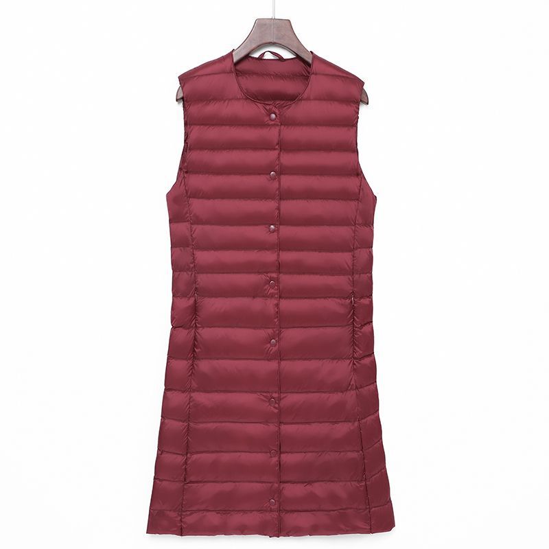 Transfronterizo otoño y invierno nuevo tipo de chaqueta de pluma de mujer ligera media y larga moda coreana con cremallera de cuello redondo calentamiento exterior