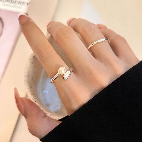 S925 Pure Silver French Lightweight Luxury Personality Pearl Ring for Women, Simple and Fashionable, Index Finger Ring, Unique Open Ring
