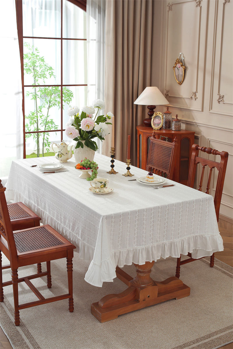 White Embroidered Floral Cotton Tea Tablecloth With Ruffle Hem_voghion.com