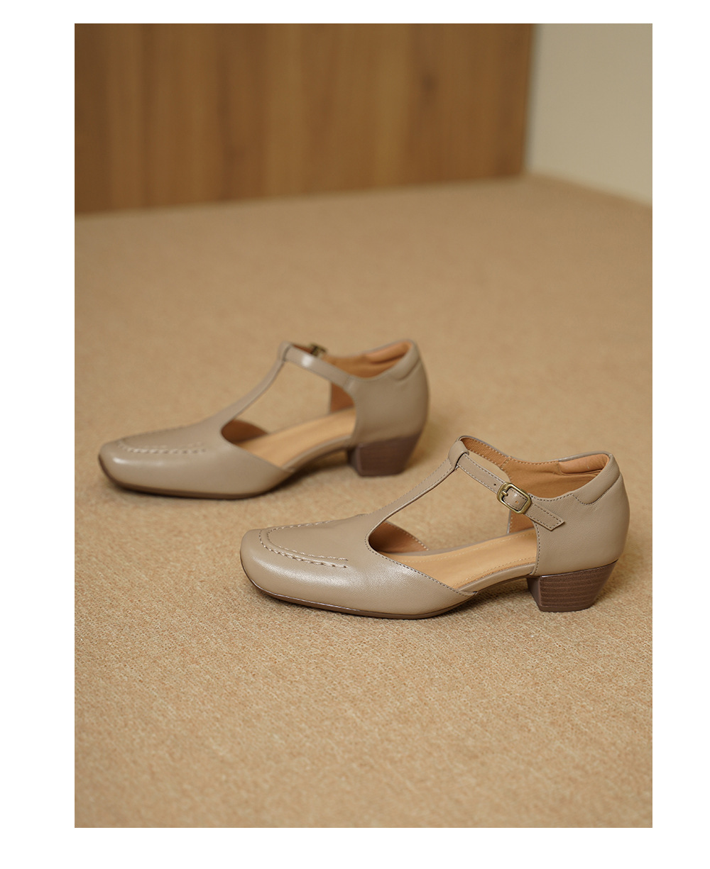 Sandal nữ cao gót mũi nhọn quai chữ T da cừu, gót 5 cm — đen chi tiết 12