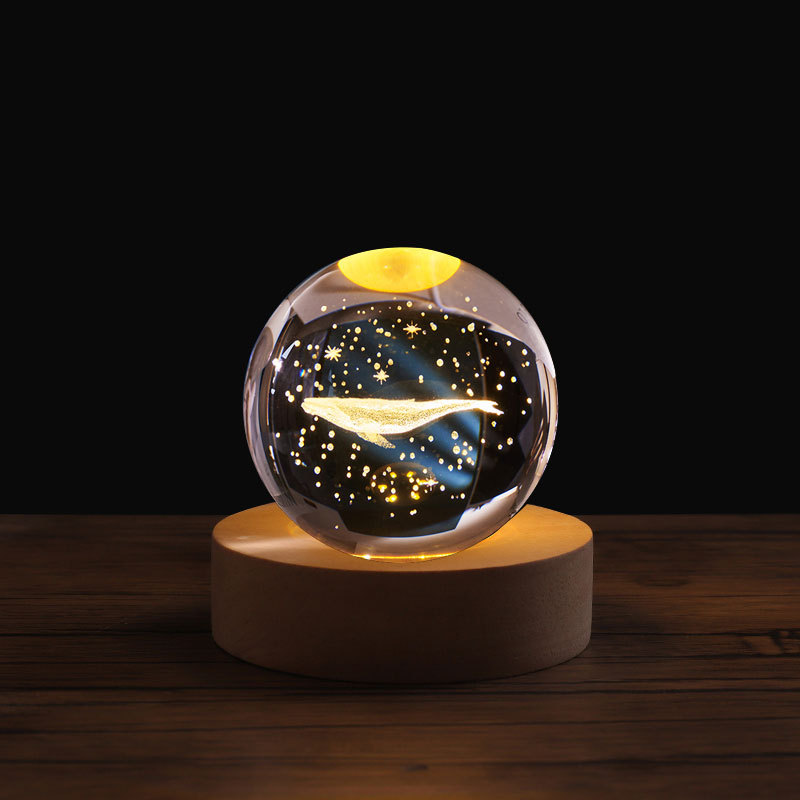 temu amazon una lámpara de noche de cristal de bola galáctica 3D láser interior grabado adornos de madera lámpara de noche galáctica
