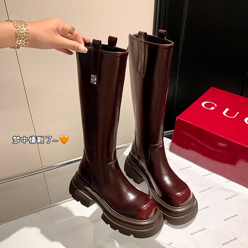 Leather demi-season high boots platform
