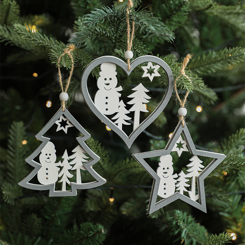 Navidad nuevo creativo de Navidad hueco colgante de madera decoraciones de Navidad gris estrella de cinco puntas amor Navidad muñeco de nieve
