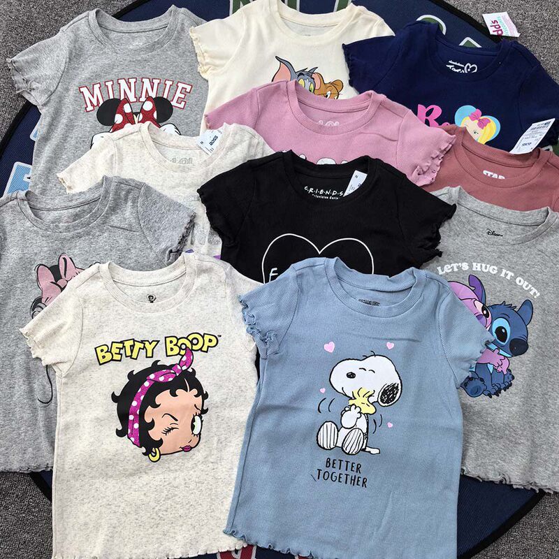 Foreign Trade Girls' Summer Narrow-Shoulder Short-Sleeve T-Shirt, Pure Cotton Ribbed Cartoon Print Top, Children's Short Slim-Fit Set