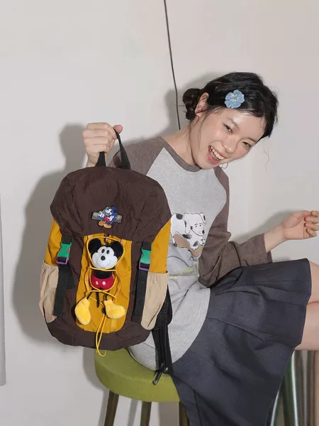 Cute plush Mickey backpack for female students, casual backpack with cartoon doll decoration, multi-color patchwork school bag