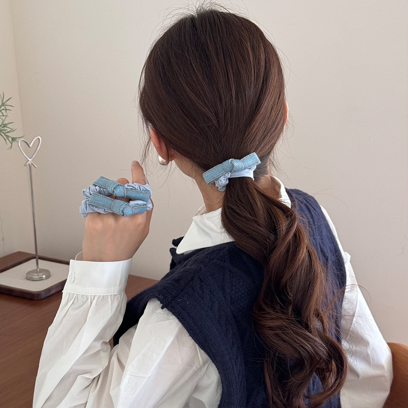 法式浅牛仔蓝蝴蝶结小肠圈发绳女时尚发圈高弹力扎发皮筋头绳发饰|undefined