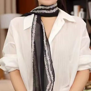波点长条丝巾女夏季薄款乔其纱高级感围巾老钱风防晒飘带披肩配饰