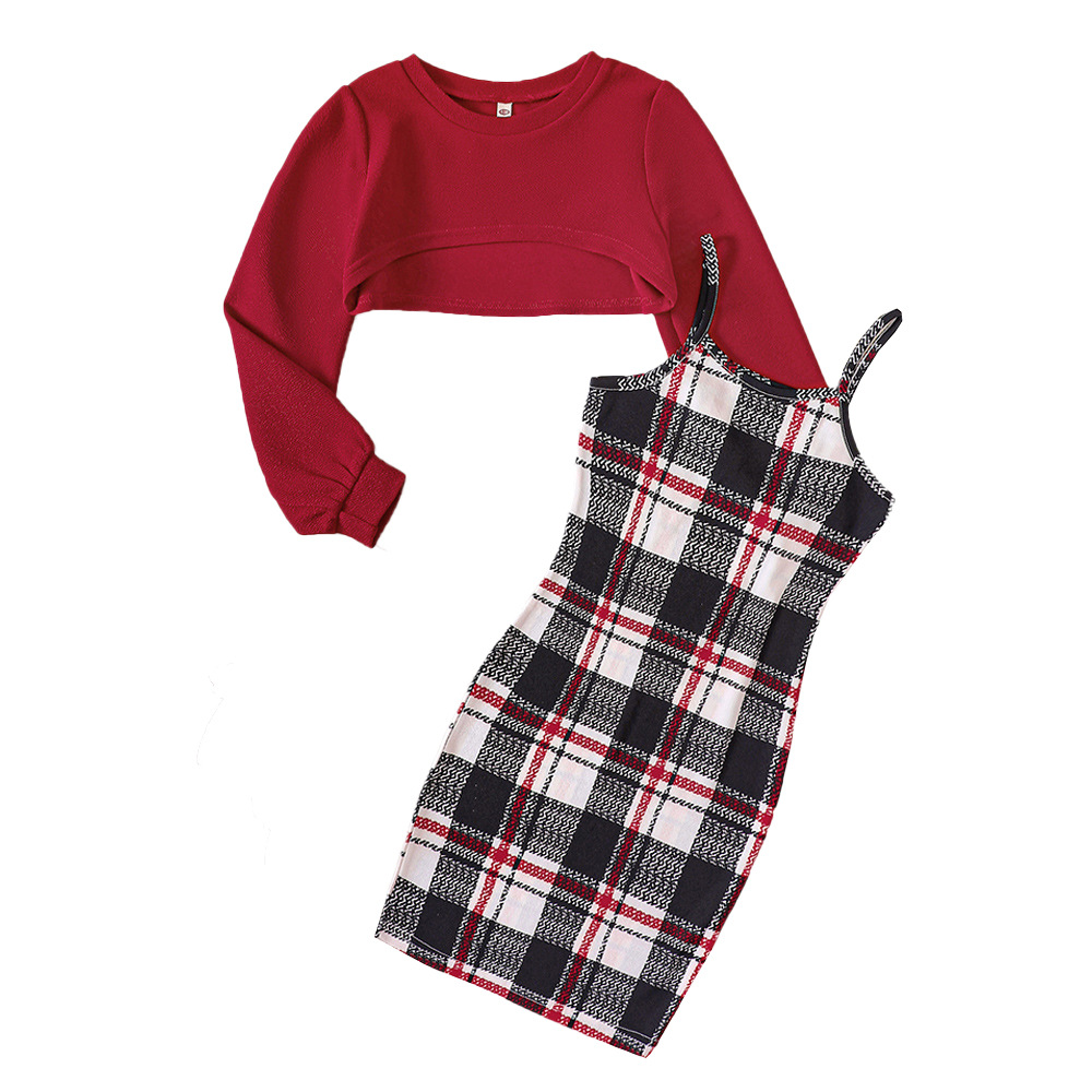 Vêtements pour enfants EW, nouveau produit pour grands enfants, jupe à carreaux d'automne pour filles + ensemble haut court DTZ844-D_voghion.com