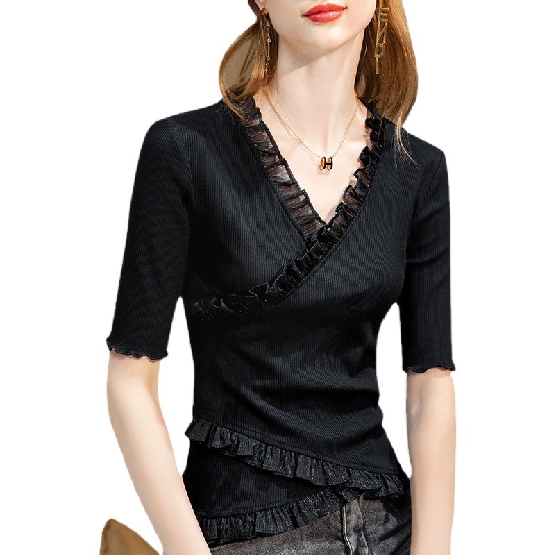 Camiseta de manga media modal para mujer 2022 nueva ropa de mujer estilo occidental hoja de loto encaje con cuello en V cintura ajustada camisa pequeña diseño superior image 1