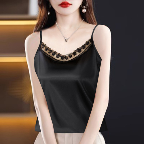 Women's Loose Oversized Backless Tank Top for Spring and Summer, Outerwear Slimming Strappy Lace Edge V-Neck Sleeveless Lingerie T-Shirt