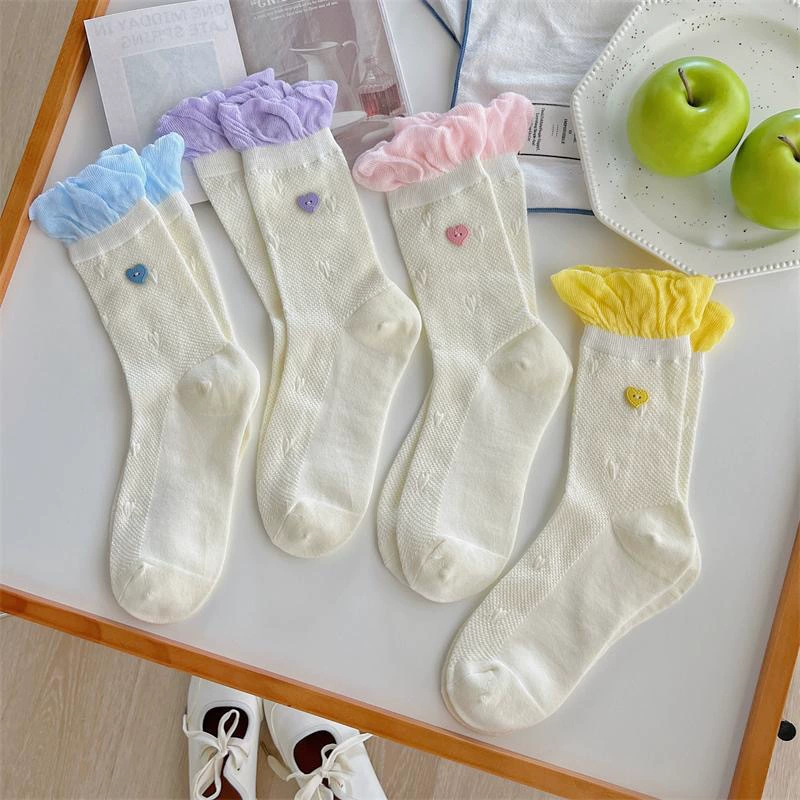 Весенне-летние новые женские тонкие носки в корейском стиле с большим пузырьковым краем, кружевными сердечками, пуговицами и сетчатым ворсом, серия Miu, носки принцессы