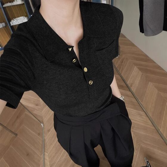 Grey High-end Sense Old Qian Feng Lel Short-sleeved Knitted T-shirt Women's Spring Shoulder Slimming Ice Silk Polo Shirt Top
