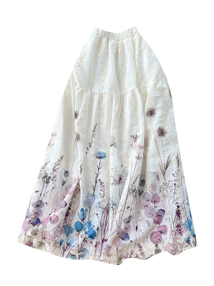 Women's French Sweet Style Floral Print Patchwork A-Line Midi Skirt High Waist Slimming mid Length Summer Fairy like Cake Skirt_ecoleips.com