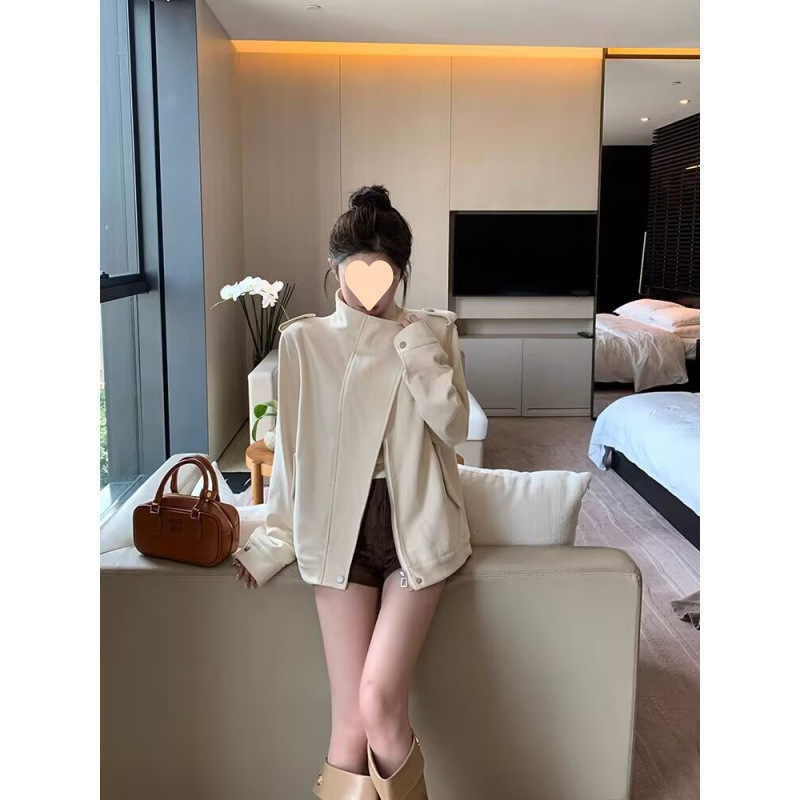 小姐姐白巧恋人仿麂皮外套女春秋米白色设计感机车风宽松夹克|undefined