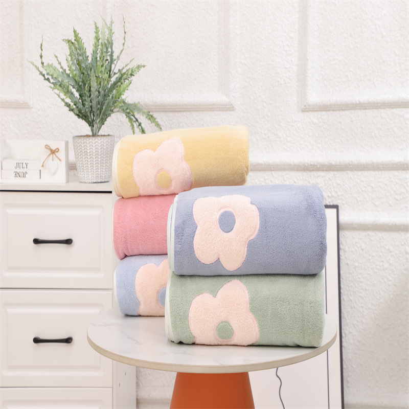 Floral Towel with Edge Binding, Absorbent, Soft, Enlarged and Thickened, Daily Use Coral Fleece Face Wash Towel, Household Bath Towel