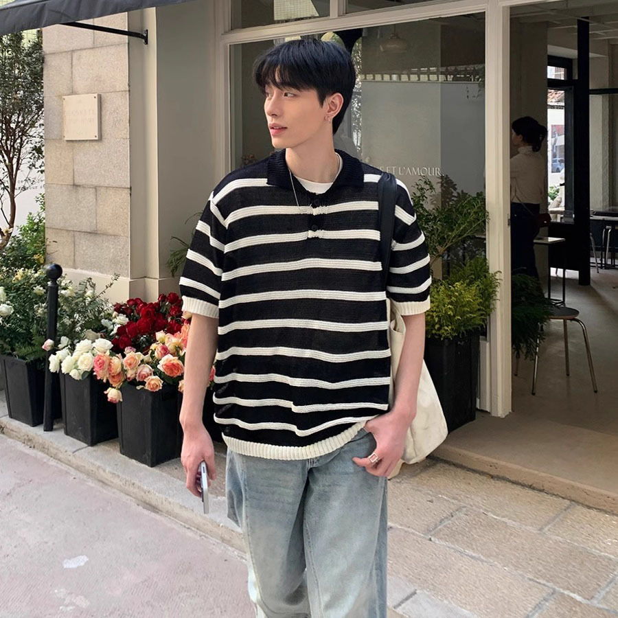 Verano nuevo estilo suéter de manga corta hombres rayas hueco transpirable camisa POLO negocio marea coreano comercio exterior transfronterizo al por mayor