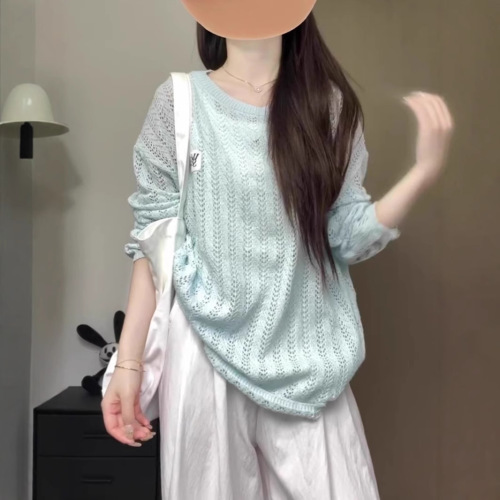 French design-sensory label loose lazy style top summer thin style college style ripped hollow sunscreen blouse for women