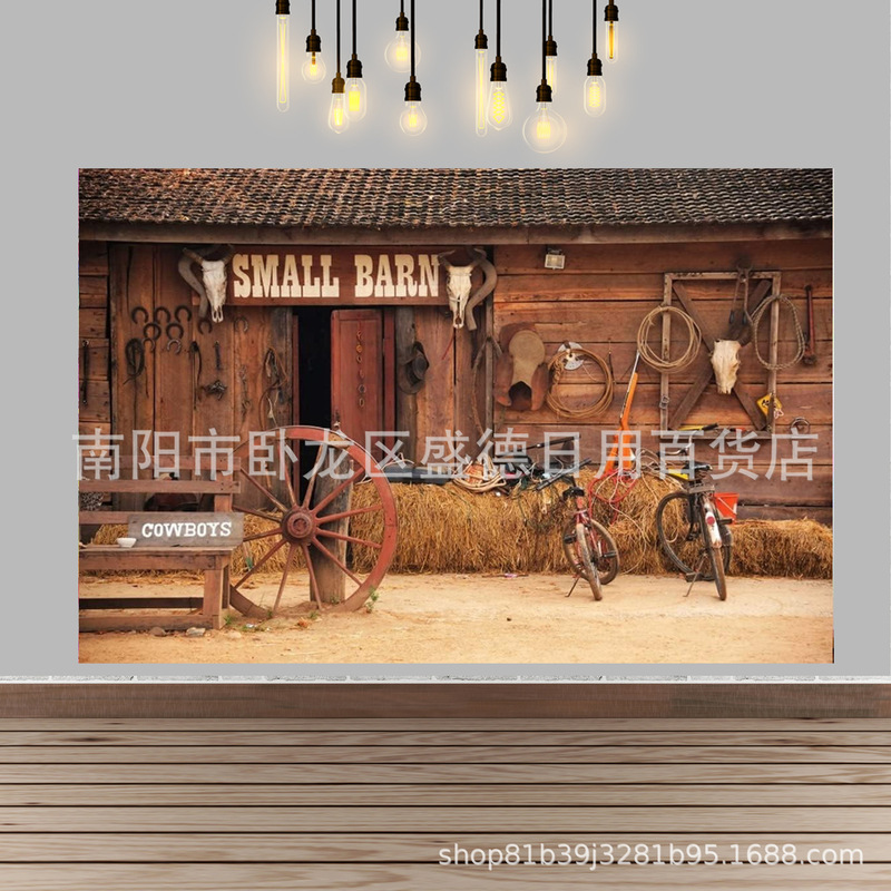 Foreign trade Wild West cowboy barn background country farmhouse haystack farm tools photo banner photography background cloth Foreign trade Wild West cowboy barn background country farmhouse haystack farm tools photo banner photography background cloth