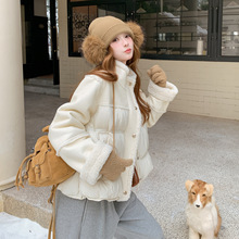 米色毛绒拼接短款羽绒服女冬季2025新款韩系时尚小个子立领面包服