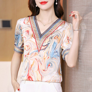 Real shot new fashion all-match V-neck satin printed stitching plus size short sleeve women's top