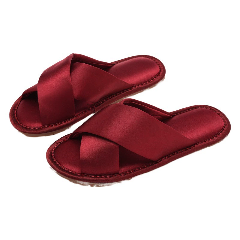 Свадебные утренние тапочки праздничный красный пара жениха и невесты невесты высокого уровня атласная пара дома