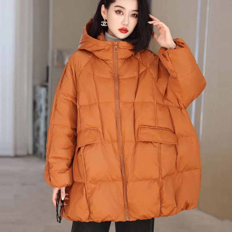 Down jacket women's pocket with cover winter new white duck down hooded European goods high quality loose Korean style off-season special offer