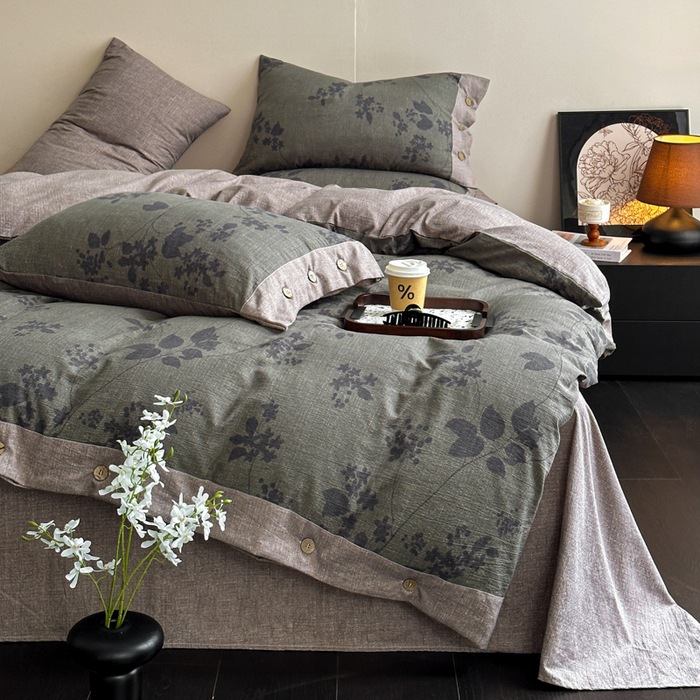 2025 otoño y invierno engrosar el conjunto de cuatro piezas de lino original GaoGam retro doble hilo impreso botón dormitorio conjunto de tres piezas