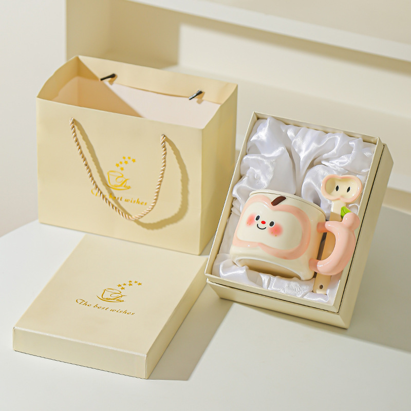 Regalos de cumpleaños creativos lindos tazas de agua de manzana de alto valor facial taza de cerámica con cubierta cuchara práctica acompañante caja de regalo