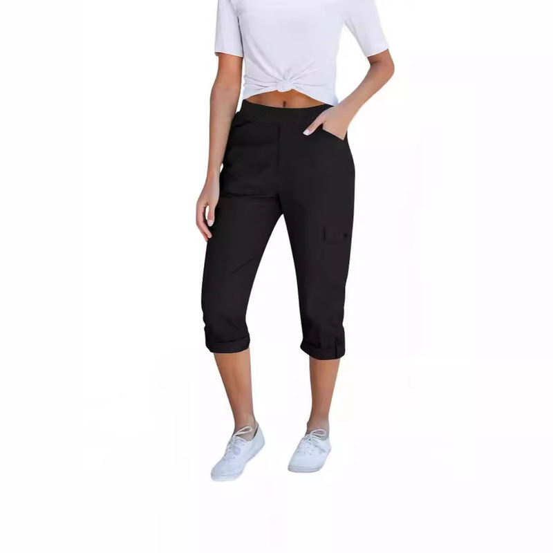 2024 Amazon AliExpress TEMU summer new elastic waist multi-pocket casual cropped pants overalls women